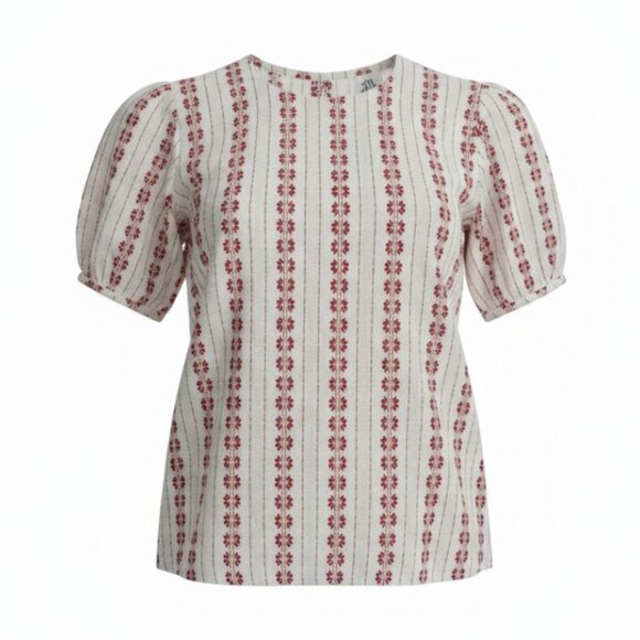 DRA Anthropologie Cream Red Descending Floral Accent  Short Balloon Sleeve Top - Picture 3 of 7